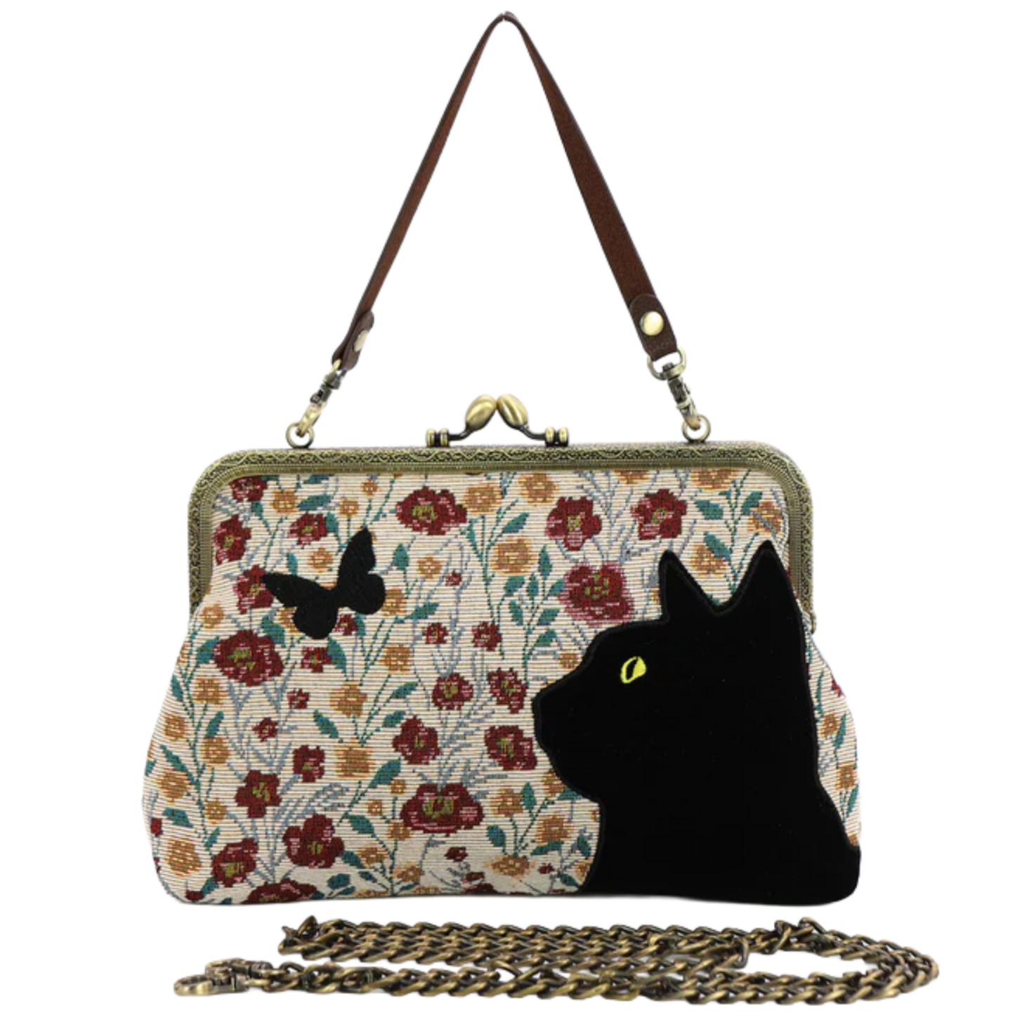 Floral Black Cat Kisslock Bag