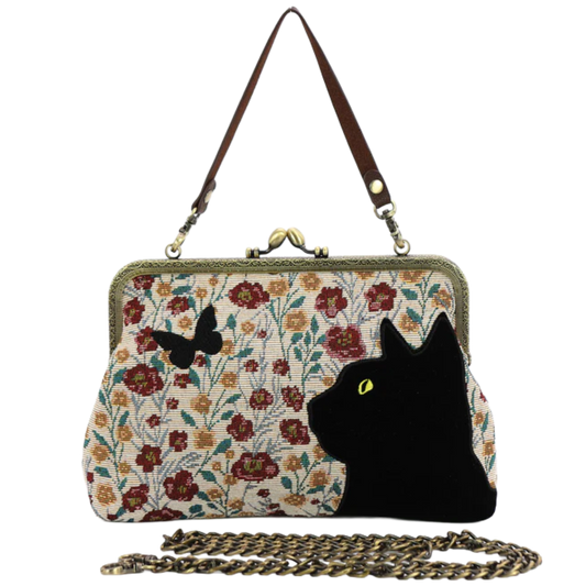 Floral Black Cat Kisslock Bag